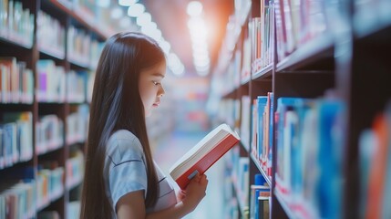 Schoolgirl choosing book in school library. Smart girl selecting literature for reading. Books on shelves in bookstore. Learning from books. School education. Benefits of everyday read : Generative AI
