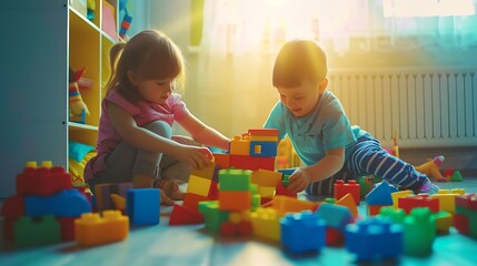 Children play with a toy designer on the floor of the children's room. Two kids playing with colorful blocks. Kindergarten educational games. : Generative AI - obrazy, fototapety, plakaty