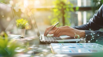 Technology and financial advisory services concept. Business teamwork and working on digital laptop computer with advisor showing plan of investment to clients at table office. Digital : Generative AI