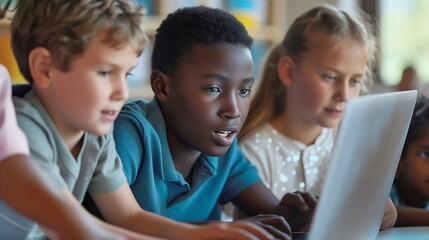 Teacher Teaching Diverse School Kids Using Laptop In Classroom. African American Schoolboy And...