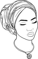 beautiful black woman with headscarf outline illustration	

