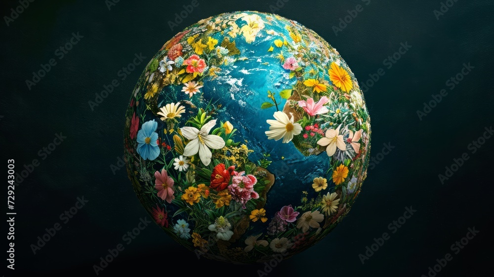 Poster earth depicted as a realistic globe where continents are visualized as expansive floral gardens, pre