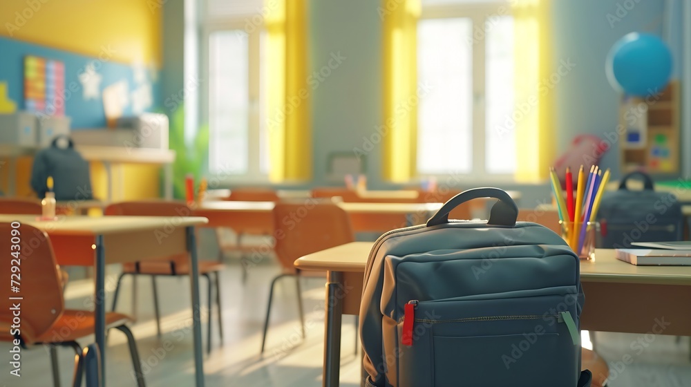 Poster interior of stylish empty classroom with backpacks and stationery : generative ai