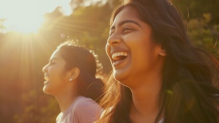 South Asian woman laughing with friend while on a jog : Generative AI