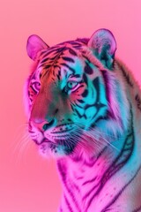 Dynamic tiger image enhanced with neon lighting creates an impactful visual experience on a pink backdrop