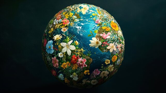 Earth depicted as a realistic globe where continents are visualized as expansive floral gardens, presenting a stunning representation of the planet's continents blooming with diverse and colorful flow