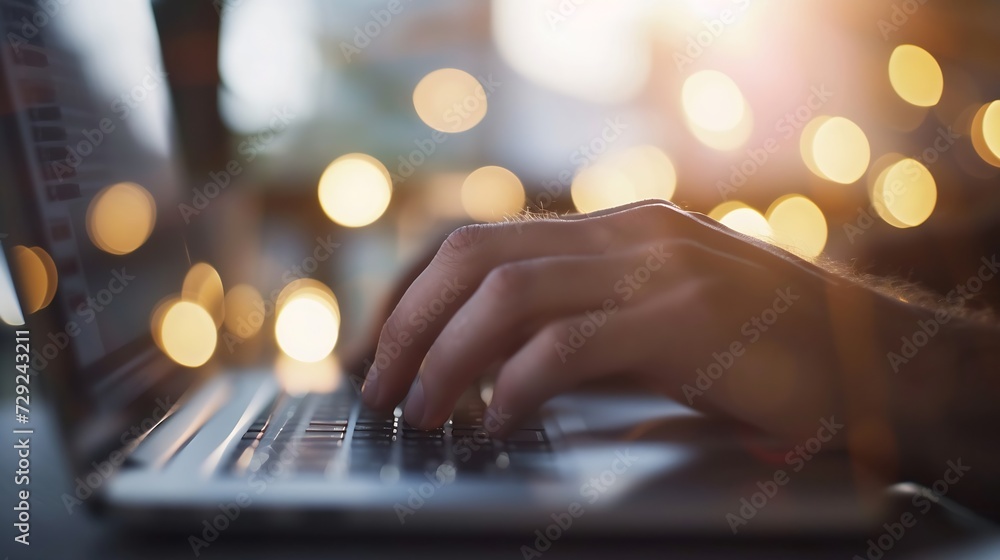 Poster Close-up photo of male hands with laptop. Man working remotely at home. Concept of networking or remote work. Global business network. : Generative AI