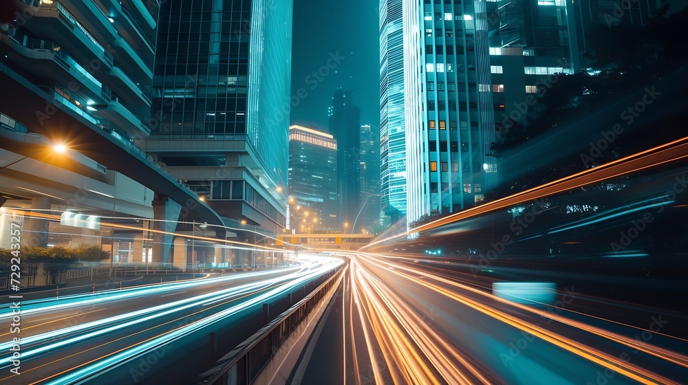 Poster the light trails on the modern building background in city : generative ai