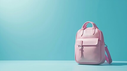 Pastel pink school bag floating on sky blue background. Surreal modern still life. Back to school minimal concept. : Generative AI - Powered by Adobe