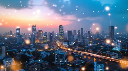 Obraz premium Energy Digitalization Smart city with Wireless network and Connection technology concept with Abstract Bangkok city background : Generative AI