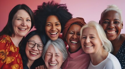 Naklejka premium Portrait of cheerful mixed age range multi ethnic women celebrating International Women's Day : Generative AI
