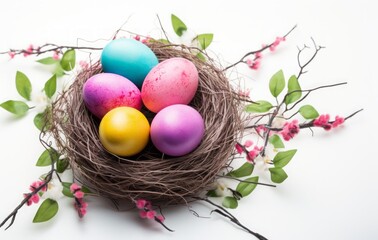 Obraz na płótnie Canvas eggs and nest background with copy space. colorful easter eggs and branches on white background