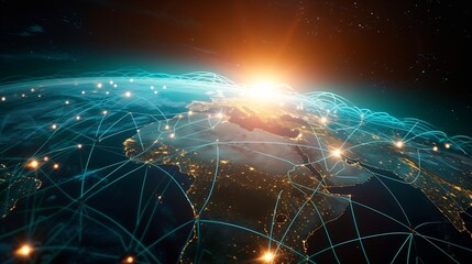 Global world telecommunication network connected around planet Earth, concept about internet and worldwide communication technology for finance, blockchain cryptocurrency or IoT : Generative AI