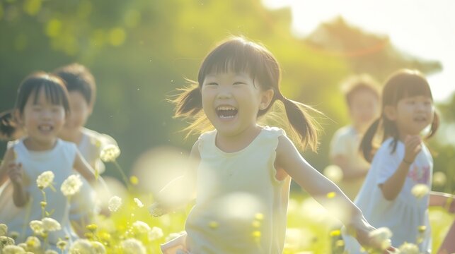 group image of asian children having fun in the park : Generative AI