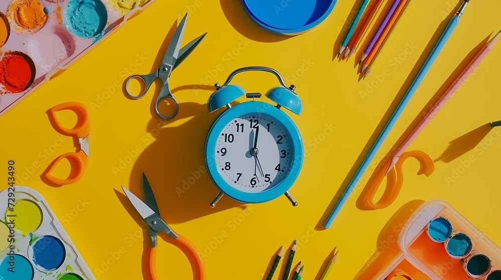 Poster alarm clock, paint, pencils and scissors. school accessories on a yellow background. view from above