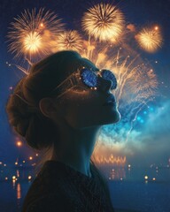 Majestic fireworks reflected in a woman's glasses, showcasing wonder and amazement under the night sky