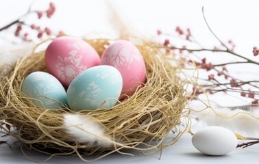 Naklejka na ściany i meble eggs and nest background with copy space. colorful easter eggs and branches on white background