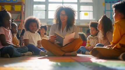 Female Teacher Reads To Multi-Cultural Elementary School Pupils Sitting On Floor In Class At School : Generative AI - obrazy, fototapety, plakaty