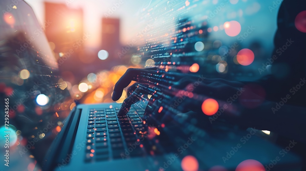 Aufkleber Digital technology, big data, internet network connection, futuristic innovation technology background. Man using mobile phone and laptop and smart city : Generative AI