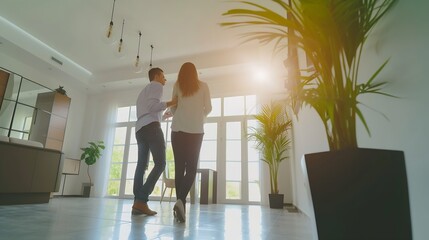 Realtor or real estate agent giving potential buyers or tenants tour about big house. Boyfriend and girlfriend or husband and wife who consider buying property looking at new modern sp : Generative AI