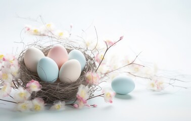 eggs and nest background with copy space. colorful easter eggs and branches on white background