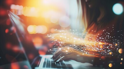 Digital technology, internet network connection, big data, digital marketing IoT internet of things. Woman using modern computer surfing internet futuristic metaverse, innovative techn : Generative AI