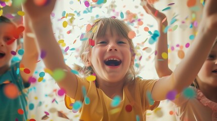 Happy kids throwing colorful confetti in a room : Generative AI