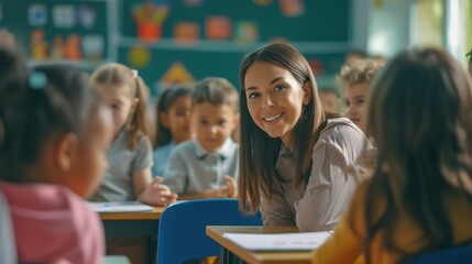 Happy Diverse School Children And Teacher Woman Having Class Sitting At Desk In Classroom At School. Modern Education And Knowledge Concept. Selective Focus : Generative AI