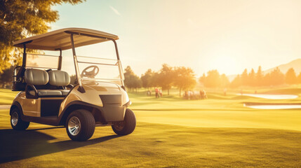 A golf car on the golf course. - obrazy, fototapety, plakaty