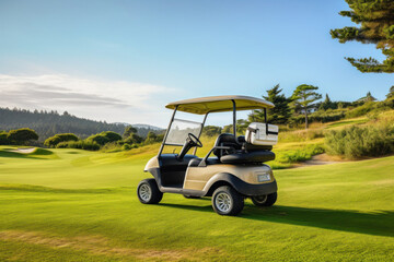 A golf car on the golf course.