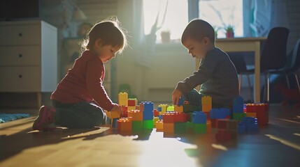 Children play with a toy designer on the floor of the children's room. Two kids playing with...