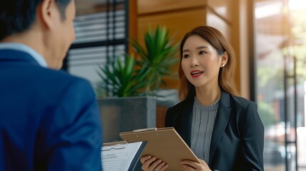 Asian female real estate agent showing clipboard chatting with man in residential background : Generative AI