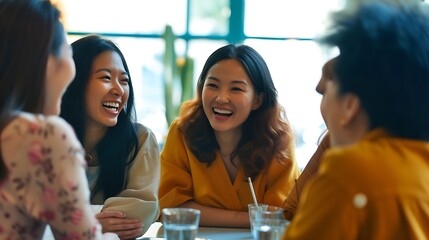 A diverse group of Asian women friends sit around a table to talk, gossip and chat. They are from multiple ethnicities and are smiling and laughing as they converse in a relaxed, easy  : Generative AI