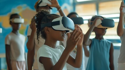 Multicultural schoolchildren using virtual reality headsets and african american teacher standing behind : Generative AI