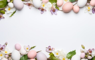 Naklejka na ściany i meble eggs and nest background with copy space. colorful easter eggs and branches on white background