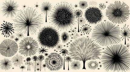 Engraved-style line art of fireworks bursting in various shapes and sizes. Generative AI