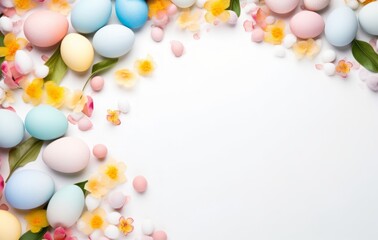 Fototapeta na wymiar eggs and nest background with copy space. colorful easter eggs and branches on white background