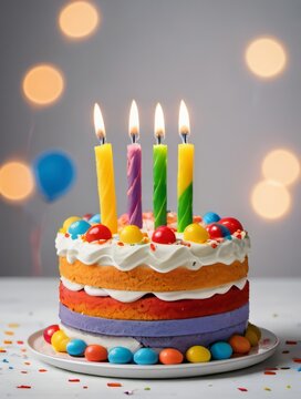Photo Of Colorful Birthday Cake With Candles, Isolated On White Background