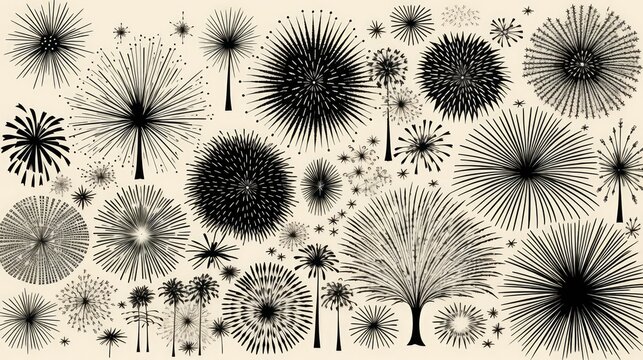 Engraved-style line art of fireworks bursting in various shapes and sizes. Generative AI