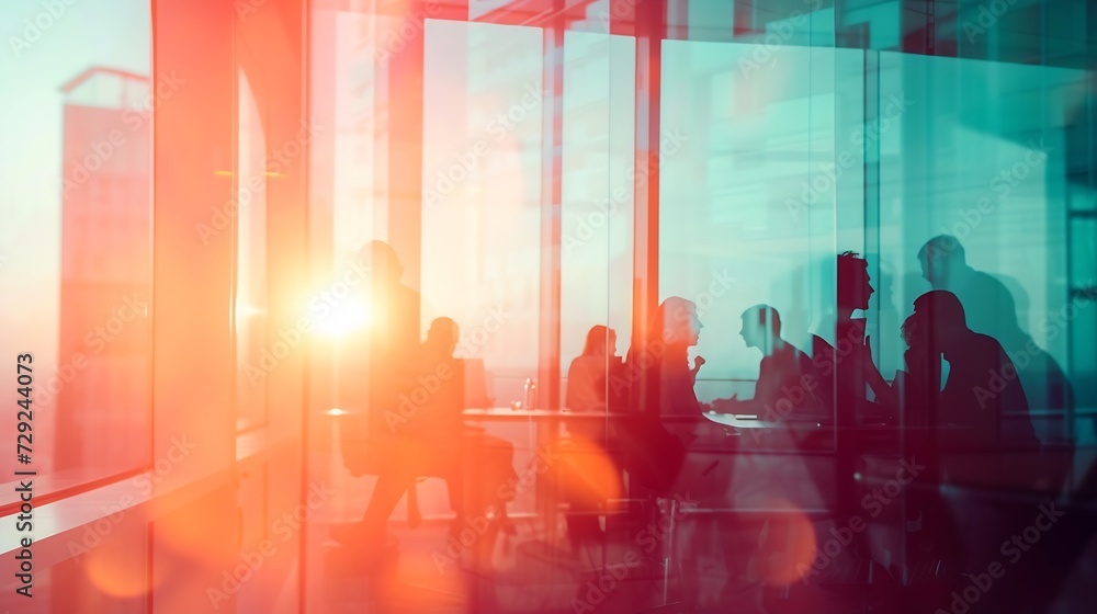 Poster double exposure image of faded business abstract background with office building and people conferen