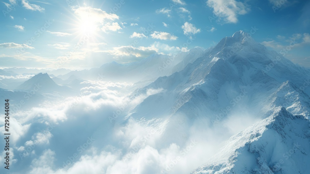 Poster Expansive snowy mountain vista with wispy clouds dancing around the peaks, sunbeams piercing through the clouds, creating a breathtaking alpine scene Generative AI
