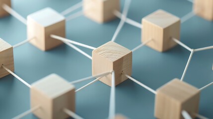Wooden blocks connected together on blue background. Teamwork, network and community concept. : Generative AI