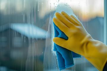 Close-up of hand-in-glove washing window with microfiber cloth - 729244018