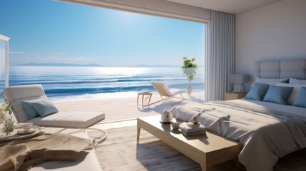 Obraz premium Exclusive beachfront suite with panoramic ocean views. Generative AI