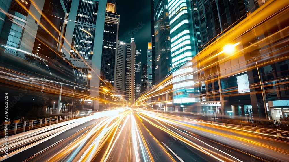 Poster the light trails on the modern building background in city : generative ai