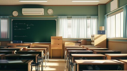 School classroom with school desks and blackboard in Japanese high school : Generative AI
