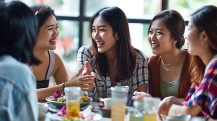 A diverse group of Asian women friends sit around a table to talk, gossip and chat. They are from multiple ethnicities and are smiling and laughing as they converse in a relaxed, easy  : Generative AI - obrazy, fototapety, plakaty