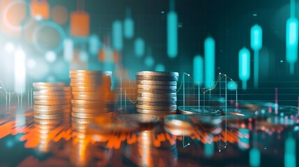 Double exposure image of coin stacks on technology financial graph background.Economy trends background for business ,financial meltdown ,Cryptocurrency digital economy. : Generative AI