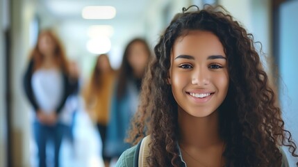 Obraz premium Happy teenage girl in hallway at high school looking at camera. Her friends are in the background. : Generative AI