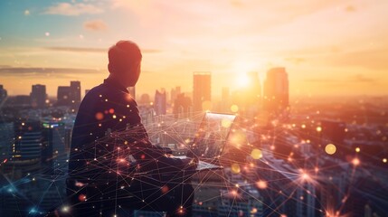 Digital technology, internet network connection, digital marketing IoT internet of things. Man using computer with internet global network connecting and smart city, innovative technol : Generative AI